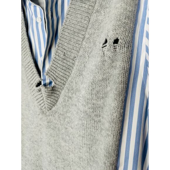Maison Margiela Distressed Gray Vest Layered Blue & White Stripe Shirt - Picture 7 of 16